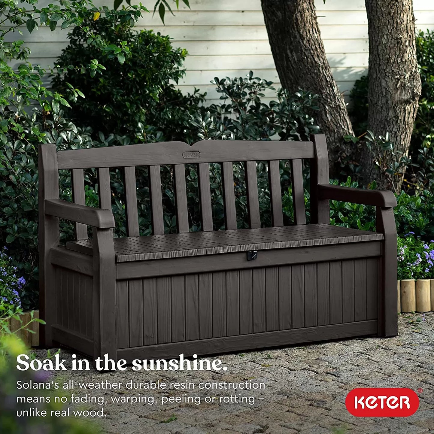 Keter Solana 70 Gallon Storage Bench Deck Box for Patio Furniture, Front Porch Decor and Outdoor Seating – Perfect to Store Garden Tools and Pool Toys,Brown/Brown