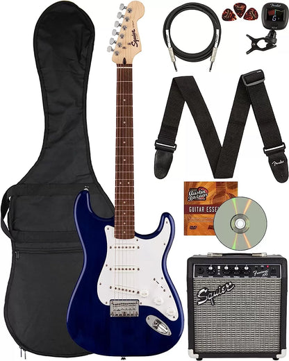 Fender Squier Stratocaster - Sunburst Bundle with Frontman 10G Amp, Gig Bag, Instrument Cable, Tuner, Strap, Picks, Fender Play Online Lessons, Instructional Book, and Austin Bazaar Instructional DVD