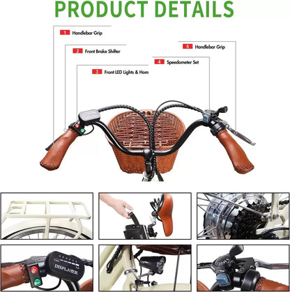 NAKTO 22"/26" Electric Bike for Adults 250W/350W City-Electric Bike Sporting 6-Speed Gear Electric Bicycles 36V 10.4/12Ah Removable Lithium Battery Ebike for Female Male