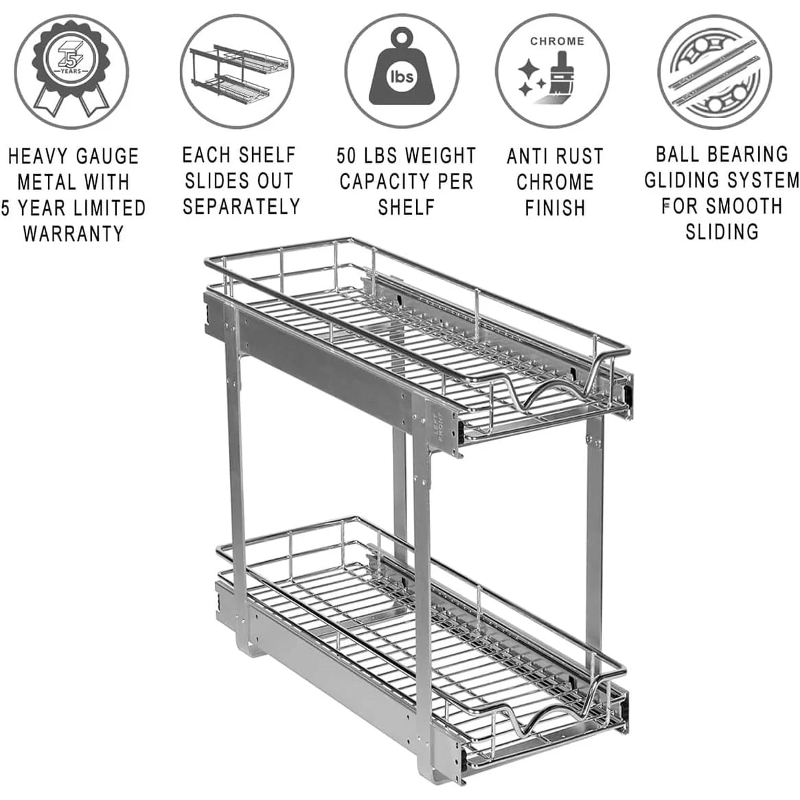 Hold N’ Storage Pull Out Cabinet Organizer 2 Tier – Heavy Duty Metal with Lifetime Limited Warranty - Anti Rust Chrome Finish