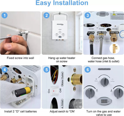 Portable Water Heater Propane Tankless - 6L 1.58GPM RV on demand Hot Gas Outdoor Digital Display Water Heater for Camping ,Boat,Cabins