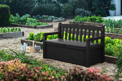 Keter Solana 70 Gallon Storage Bench Deck Box for Patio Furniture, Front Porch Decor and Outdoor Seating – Perfect to Store Garden Tools and Pool Toys,Brown/Brown