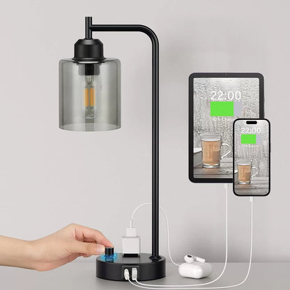 Industrial Bedside Table Lamp for Bedroom - Nightstand Lamps with USB C Charging Port, Fully Dimmable Black Lamps with USB Ports and Outlets, Small Desk Lamp with Glass Shade for Office Living Room