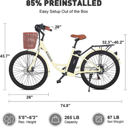 Viribus Electric Bike, Electric Cruiser Bike Adults Women, 25mph 40+ Mile Range 26" City Ebike E Bike with Basket, Electric Bike 350W Shimano 7 Speed Front Suspension for Women Lady, Electric Bicycle