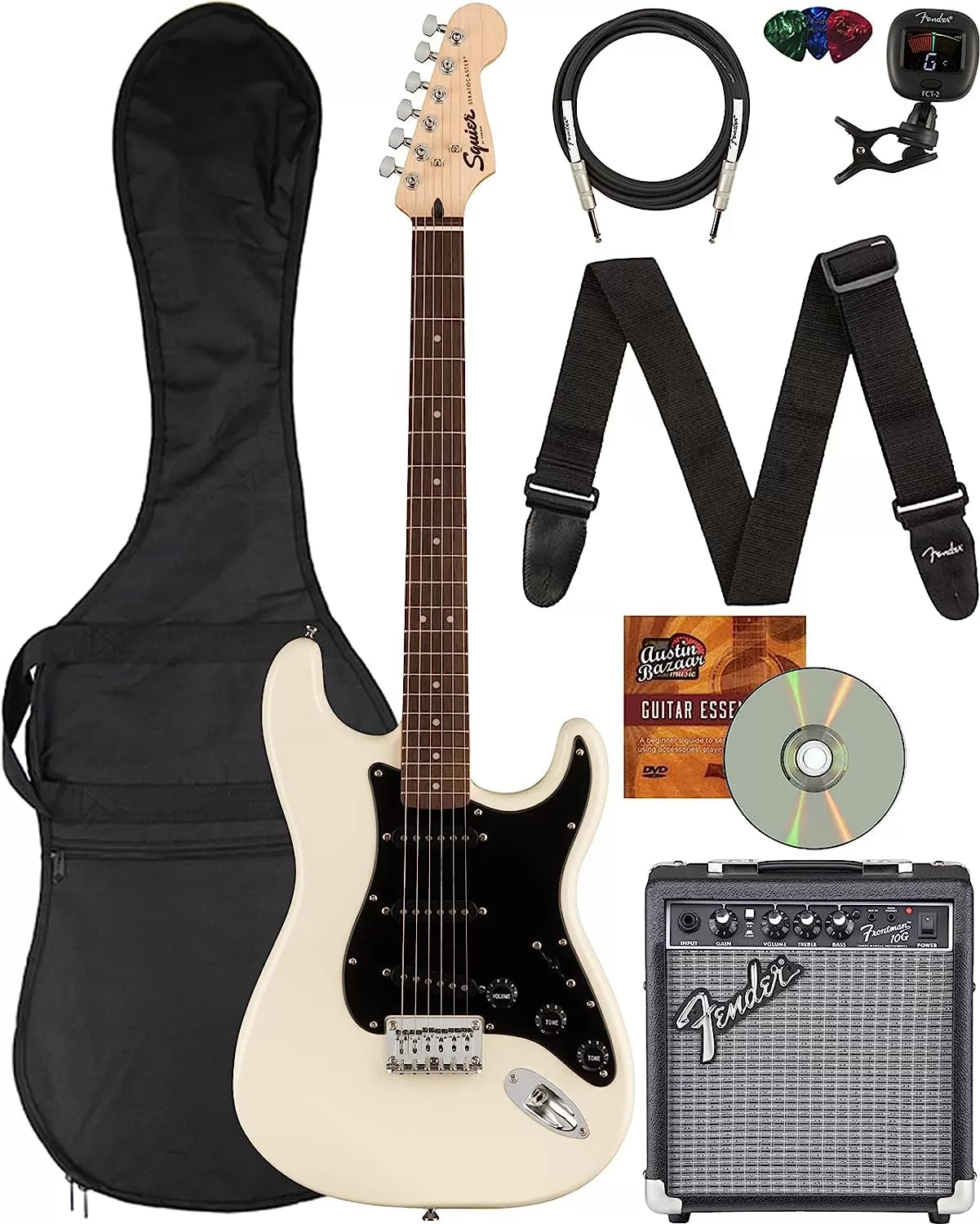 Fender Squier Stratocaster - Sunburst Bundle with Frontman 10G Amp, Gig Bag, Instrument Cable, Tuner, Strap, Picks, Fender Play Online Lessons, Instructional Book, and Austin Bazaar Instructional DVD