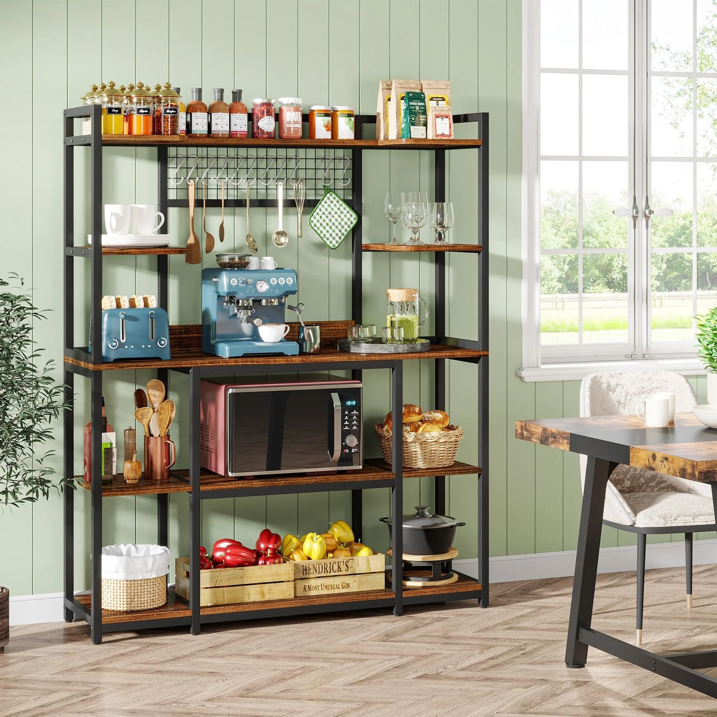 5-Tier Large Kitchen Bakers Rack, 55" Storage Shelf with 11 Hooks