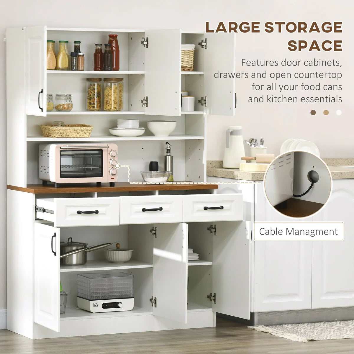 HOMCOM 71" Kitchen Pantry, Freestanding Buffet with Hutch, Farmhouse Microwave Cabinet with Countertop and Adjustable Shelves