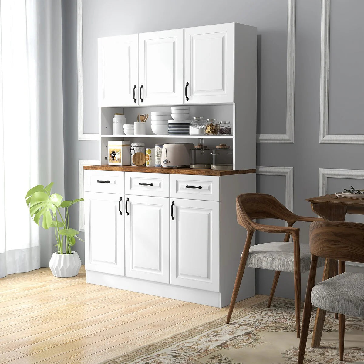 HOMCOM 71" Kitchen Pantry, Freestanding Buffet with Hutch, Farmhouse Microwave Cabinet with Countertop and Adjustable Shelves