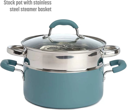Cookware Set with Premium Non-Stick, Dishwasher Safe Pots and Pans, Tempered Glass Steam Vented Lids, Stainless Steel Steamer, and Bamboo Cooking Utensils Set, 12-Piece, Charcoal Gray