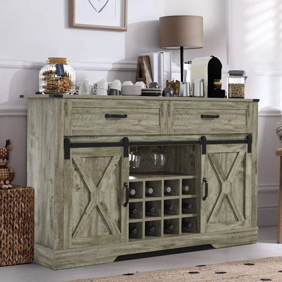 Royalcraft 51.96 Inch Bar Cabinet with Wine Rack and Large Storage
