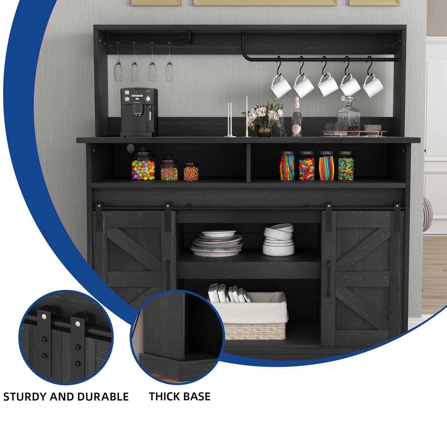 Moasis Farmhouse Coffee Bar Cabinet - 15.1"D x 47.2"W x 51.5"H