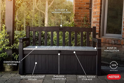Keter Solana 70 Gallon Storage Bench Deck Box for Patio Furniture, Front Porch Decor and Outdoor Seating – Perfect to Store Garden Tools and Pool Toys,Brown/Brown