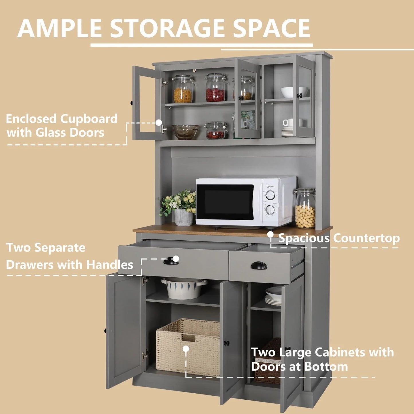 VEIKOUS Pantry Kitchen Cabinet Storage with Microwave Stand and 3 Adjustable Shelves