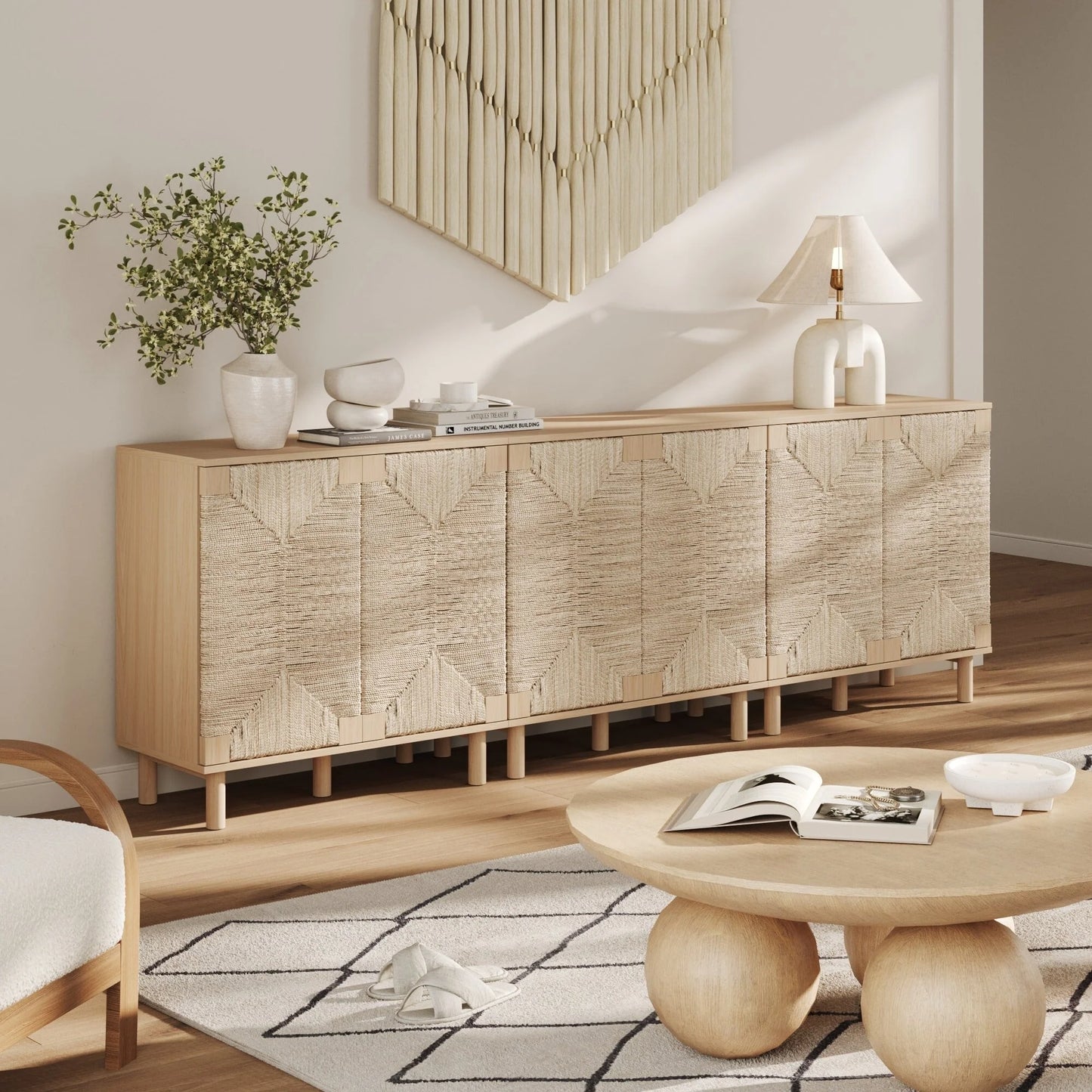 Nathan James Beacon Wood Accent Cabinet with Seagrass Doors and Adjustable Shelf