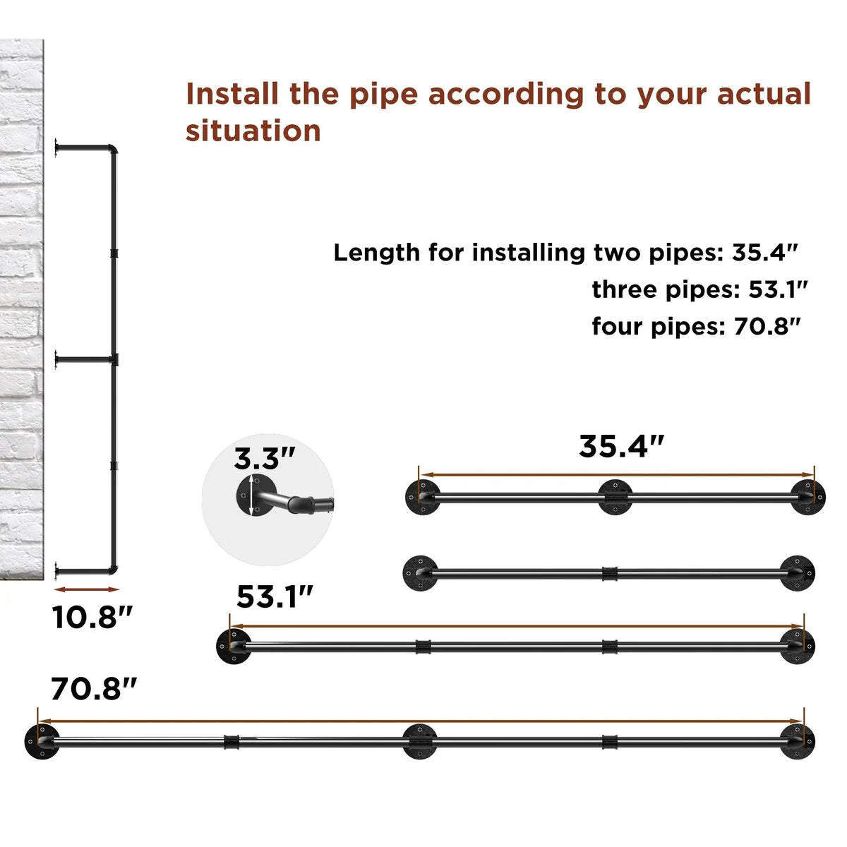 70.87" Long Industrial Pipe Clothes Rack Wall Mounted Hanging Rail