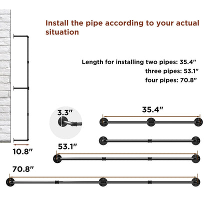 70.87" Long Industrial Pipe Clothes Rack Wall Mounted Hanging Rail