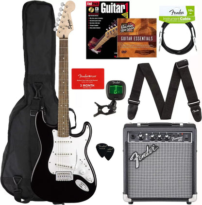 Fender Squier Stratocaster - Sunburst Bundle with Frontman 10G Amp, Gig Bag, Instrument Cable, Tuner, Strap, Picks, Fender Play Online Lessons, Instructional Book, and Austin Bazaar Instructional DVD