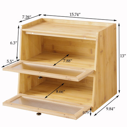 Double Layer Bamboo Bread Box for Kitchen Counter, Large Capacity Bread Storage Bin with Window Bread Holder.