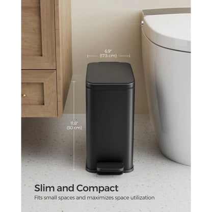 Stainless Steel Slim Bathroom Trash Can with Soft-Close Lid and Plastic Removable Inner Bucket