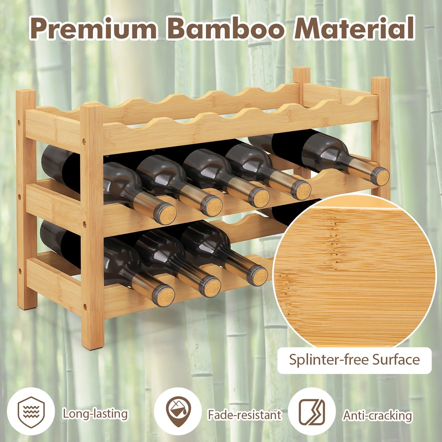 Gymax 3 Tier 18 Bottle Wine Storage Cabinet Shelf Bamboo Wine Rack for
