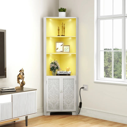 67" Tall Storage Corner Cabinet with LED Lights & 2 Carved Doors