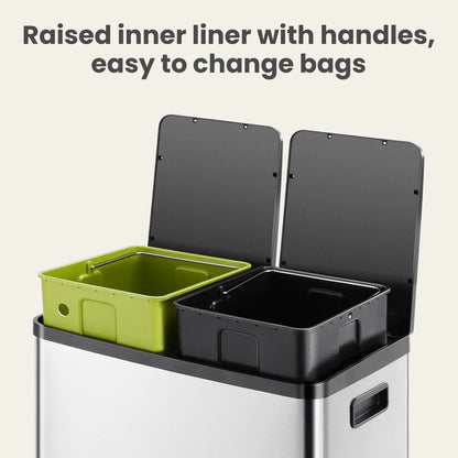 Large 60 Liter Stainless Steel Trash Can, Dual Compartment Plastic Inner Bucket (2 x 8 Gallon)