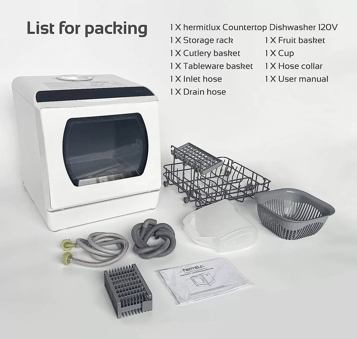 Hermitlux Countertop Dishwasher, 5 Washing Programs Portable Dishwasher With 5-Liter Built-in Water Tank, No Hookup Needed
