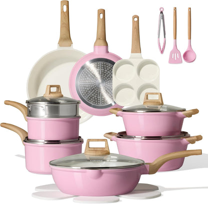 CAROTE ICE 35pcs Pots and Pans Set, Nonstick Cookware Sets, White Granite Induction Cookware with Kitchen Knife Set