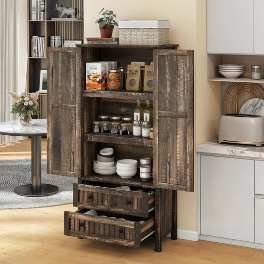 64" Farmhouse Tall Kitchen Pantry Storage Cabinet with 2 Drawers & Doors