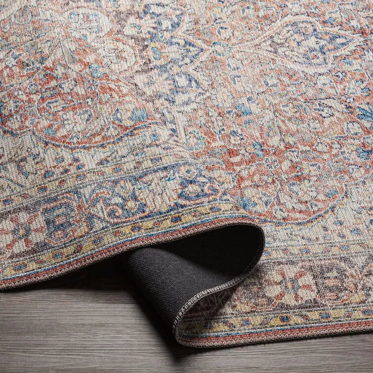 Bria Machine Washable Oriental Red/Blue/Ivory Area Rug