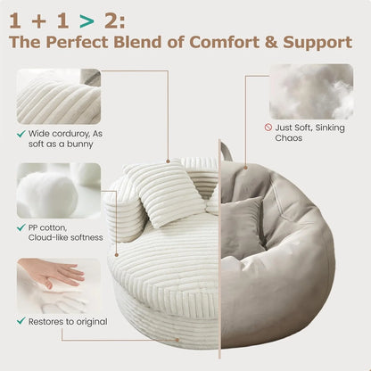 WOWMAX 47" Round Chaise Lounge Chair Indoor, Upholstered Corduroy Floor Sofa Oversized Sleeper Chair with 2 Throw Pillows