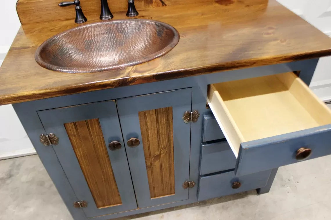 Rustic Farmhouse Vanity - Copper Sink - 42" - BLUE🔥Free shipping🔥