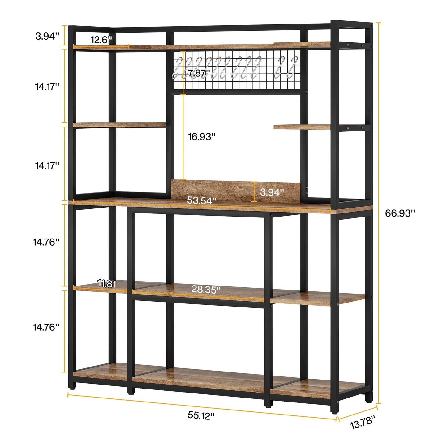 5-Tier Large Kitchen Bakers Rack, 55" Storage Shelf with 11 Hooks