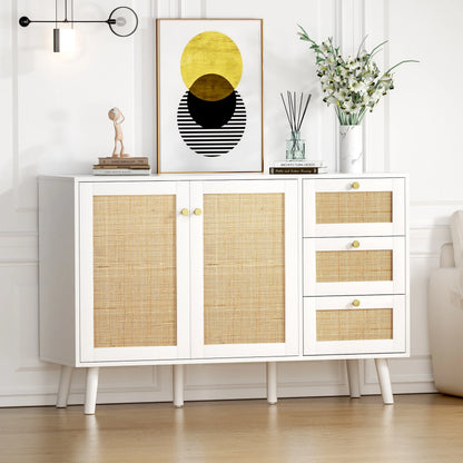 Anmytek Mid-Century Modern 2-Door Wood Rattan Buffet Sideboard Kitchen Storage Cabinet with 3 Drawers
