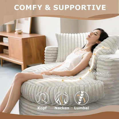 WOWMAX 47" Round Chaise Lounge Chair Indoor, Upholstered Corduroy Floor Sofa Oversized Sleeper Chair with 2 Throw Pillows