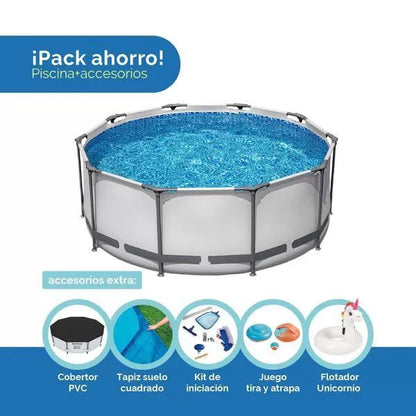 ⚡Clearance Sale⚡Round Metal Frame Above Ground Outdoor Pool Set with 1500 GPH Filter Pump, Ladder and Pool Cover