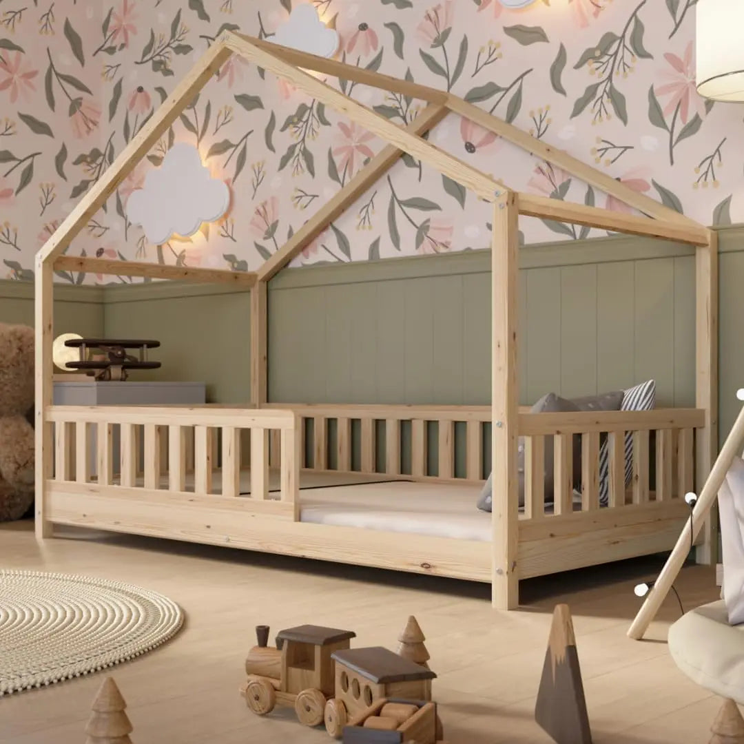 Clearance Sale Crazy Pine Cabin Bed 160x80 cm – Natural Wood Children's Bed with Barrier – Montessori Floor Bed with Height-Adjustable Legs and Removable Barrier - Crazy House