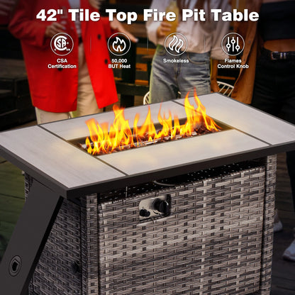 Ovios Patio 6-Piece Conversation Set with 42'' Rectangle Propane Fire Pit Table Kenard