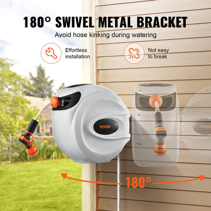 Retractable Hose Reel, Various specifications, 100'x1/2" 180° Swivel with 9-Pattern Nozzle, Automatic Rewind, Lock at Any Length, Slow Return System