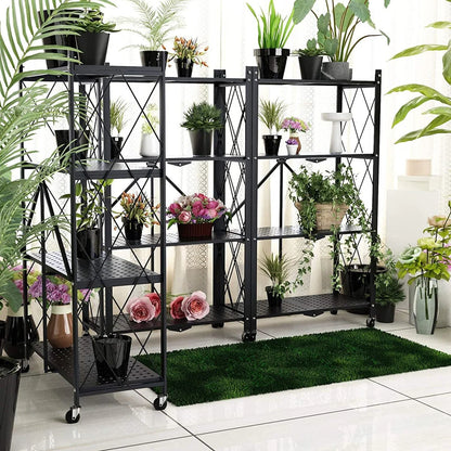 4-Tier Foldable Storage Shelving Unit, Heavy Duty Metal Shelf, Kitchen Shelf with 3 Hooks