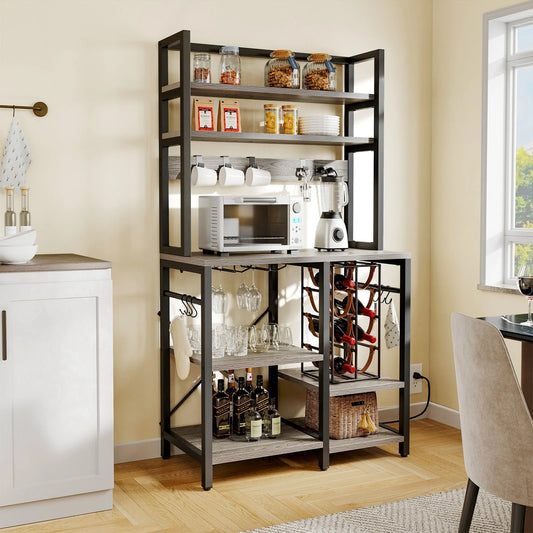 6-Tier Bakers Rack with Power Outlets Coffee Bar Station with Wine Glass Holder and Microwave Oven Stand