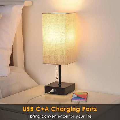 GGOYING Bedside Table Lamp, Pull Chain Table Lamp with Dual USB Charging Ports, 2700K LED Bulb, Fabric Linen Lampshade, Nightstand Lamp for Livingroom Bedroom Office Reading Working