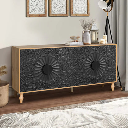Carved Symmetrical Design Door And Wood Coloured Frame For Tv Stand Table