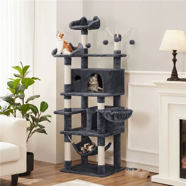 67" H Multi-Level Cat Tree Tower with 2 Cat Condos & Hammock Basket