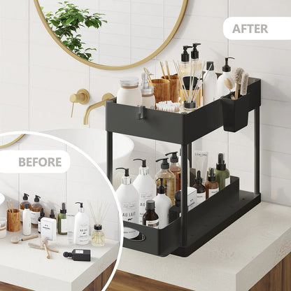 StorageBud 2 Tier Under Kitchen Sink Organizer with Sliding Drawer-Bathroom Cabinet Organizer with Utility Hooks and Side Caddy
