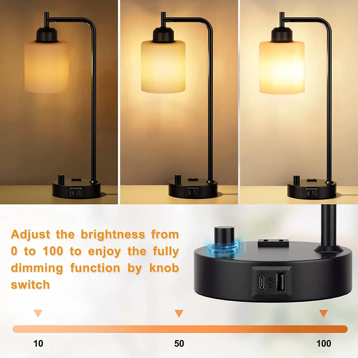 Industrial Bedside Table Lamp for Bedroom - Nightstand Lamps with USB C Charging Port, Fully Dimmable Black Lamps with USB Ports and Outlets, Small Desk Lamp with Glass Shade for Office Living Room
