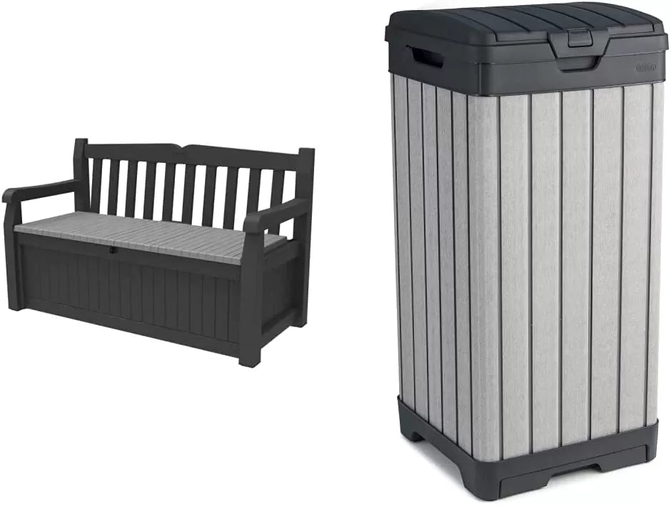 Keter Solana 70 Gallon Storage Bench Deck Box for Patio Furniture, Front Porch Decor and Outdoor Seating – Perfect to Store Garden Tools and Pool Toys,Brown/Brown