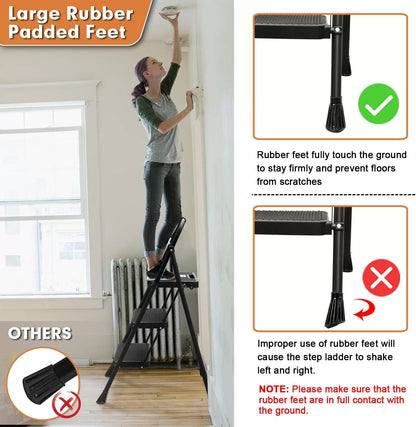 3 Step Ladder, Folding Step Stool with Wide Anti-Slip Pedal, 500lbs Sturdy Steel Ladder, Convenient Handgrip, Lightweight, Portable Steel Step Stool, Black