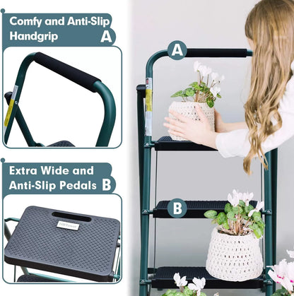 4 Step Ladder, HBTower Folding Step Stool with Tool Platform, Wide Anti-Slip Pedal, Sturdy Steel Ladder, Convenient Handgrip, Lightweight 330lbs Portable Steel Step Stool, Black