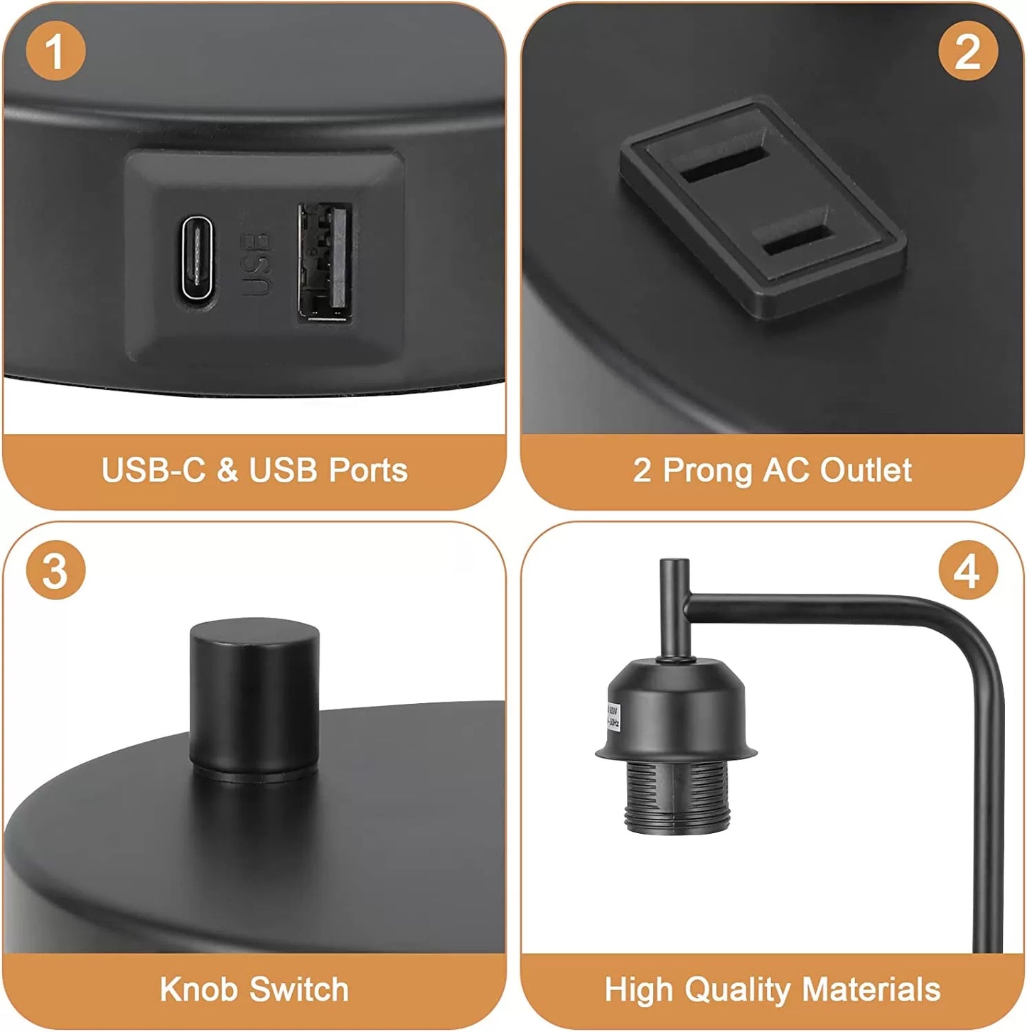 Industrial Bedside Table Lamp for Bedroom - Nightstand Lamps with USB C Charging Port, Fully Dimmable Black Lamps with USB Ports and Outlets, Small Desk Lamp with Glass Shade for Office Living Room
